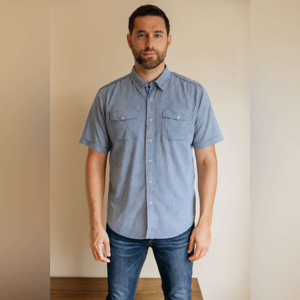 Attitude Gold Urban Renewal Navy Blue. Gingham Button Down Shirt XL